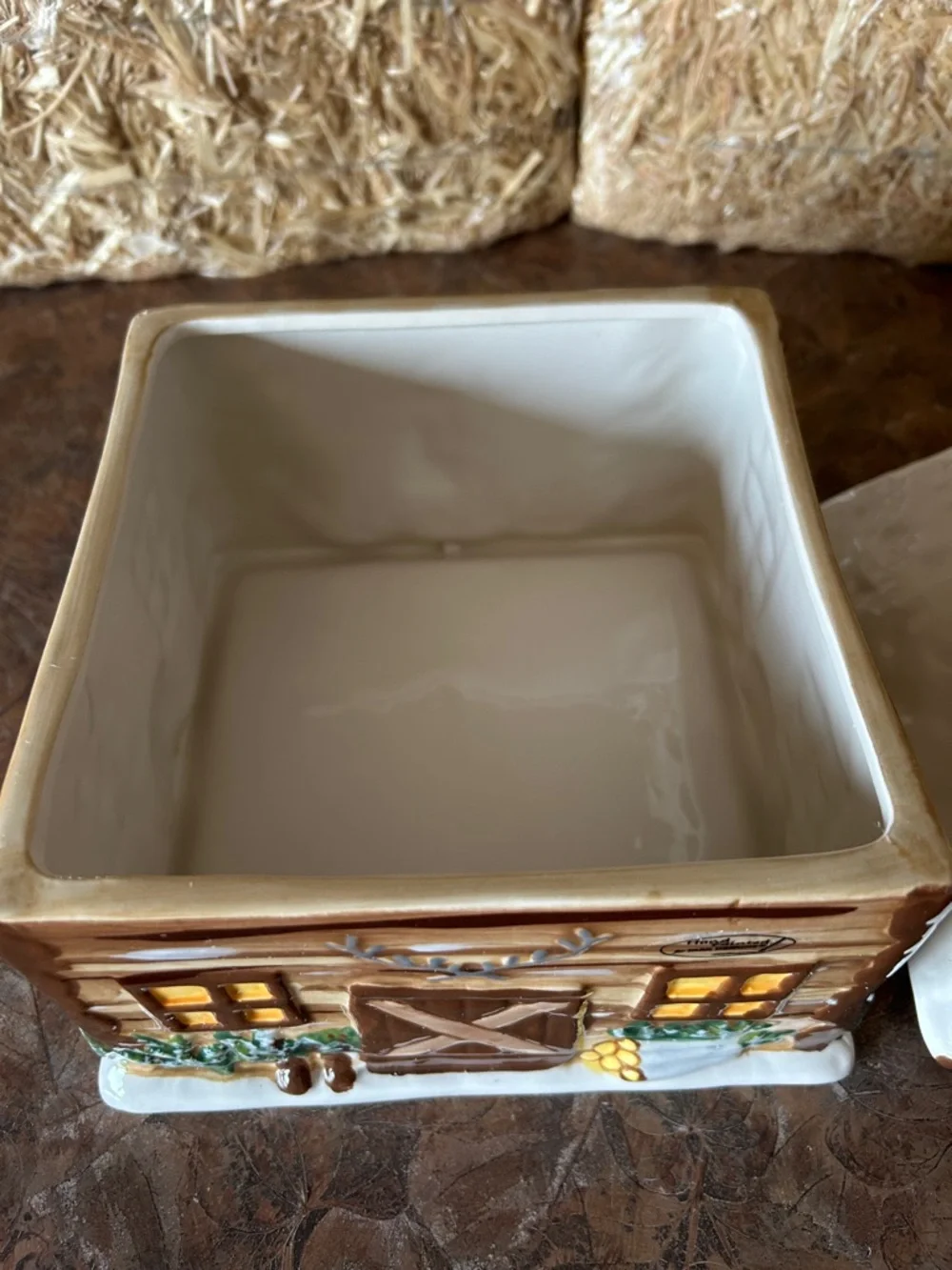 Hand Painted Sweet Log Cabin Home Ceramic Cookie Jar